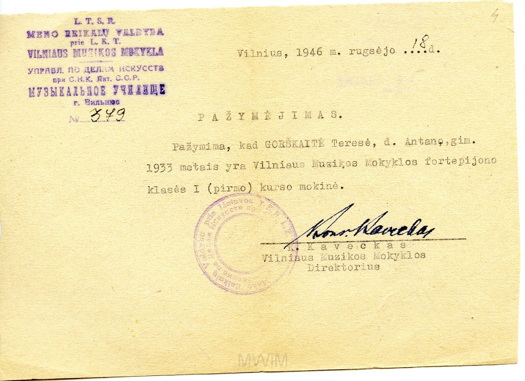 KKE 5695-4.jpg - (litewski) Dok. Dokumenty dotyczące wywozu pianina z Litwy do Polski dla Teresy Graszko, Wilno, 1945/1946 r.